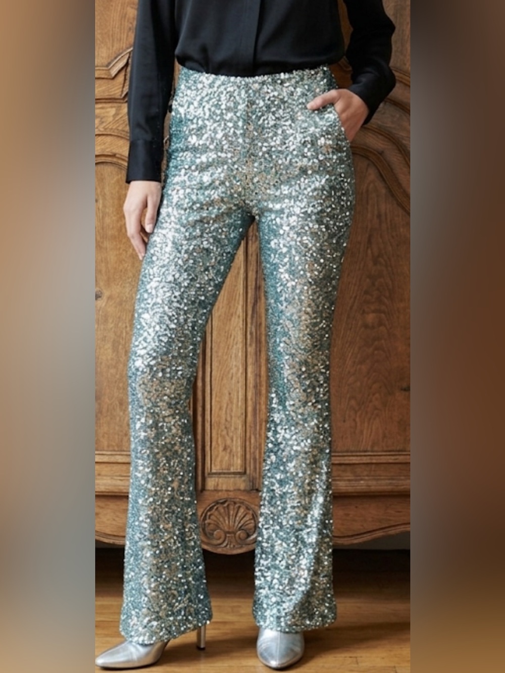 Greylin Sequin-Trim Pants in Silver-Grey
